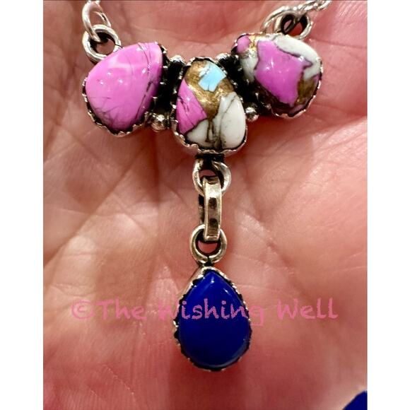 Cotton Candy Turquoise | Lapis Lazuli | Cluster | Sterling Necklace 18-20” - Picture 3 of 6